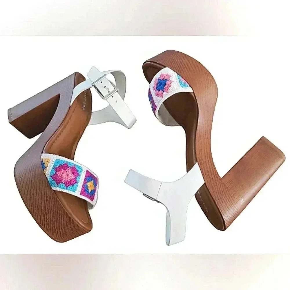 Chunky Platform Sandals Boho 9 Granny Square Flower Groove New